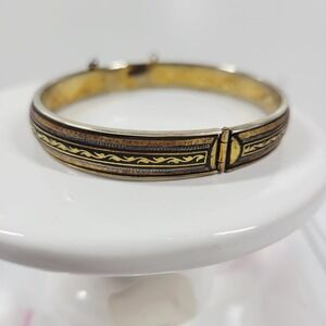 Victorian Damascene Gold Etched Hinged Bracelet Bangle *Fair